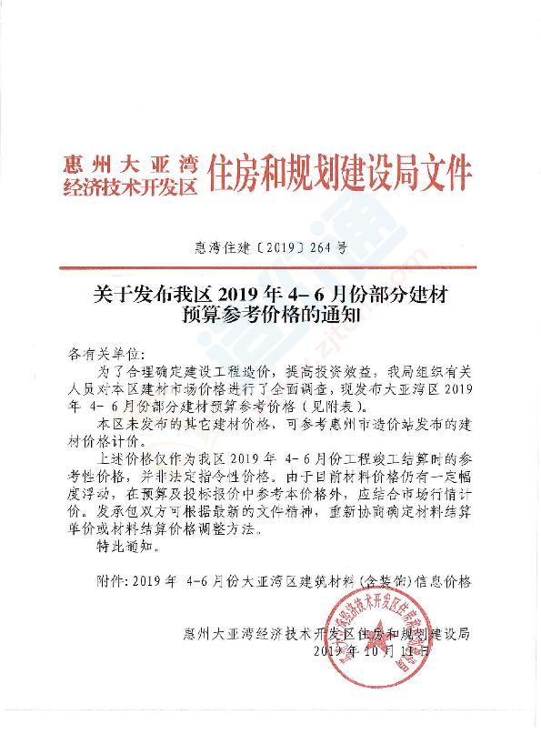 惠州市大亞灣開發(fā)區(qū)2019年2季度信息價