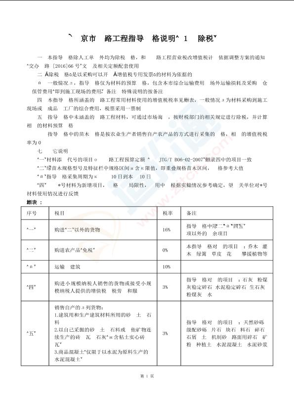 北京市公路工程指导价格（2019年1月-除税价）