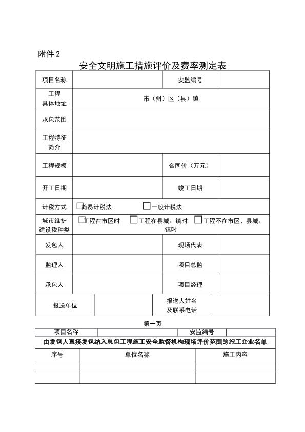 安全文明施工措施评价及费率测定表