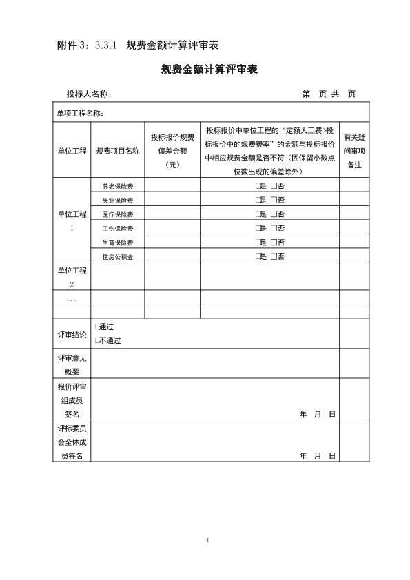 3.3.1  规费金额计算评审表