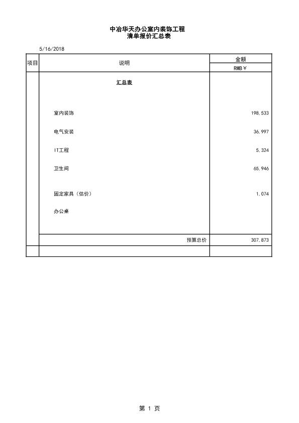 中冶华天办公室内装饰工程-清单报价