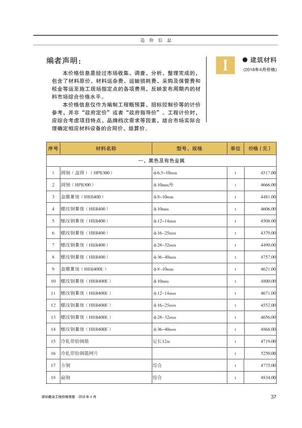 深圳建设工程价格信息 2018年4月造价信息