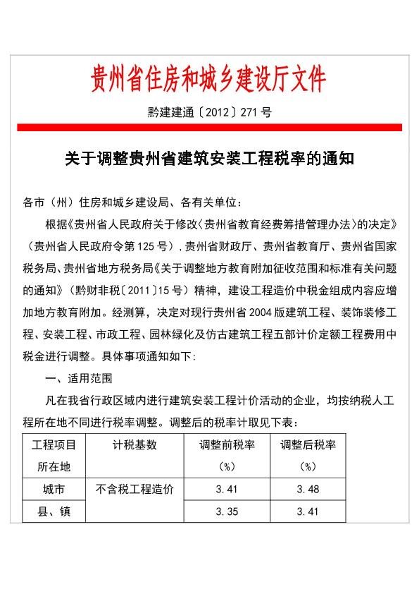 关于调整贵州省建筑安装工程税率的通知【黔建建通2012271号】