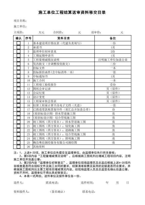 施工單位工程結算送審資料移交目錄表