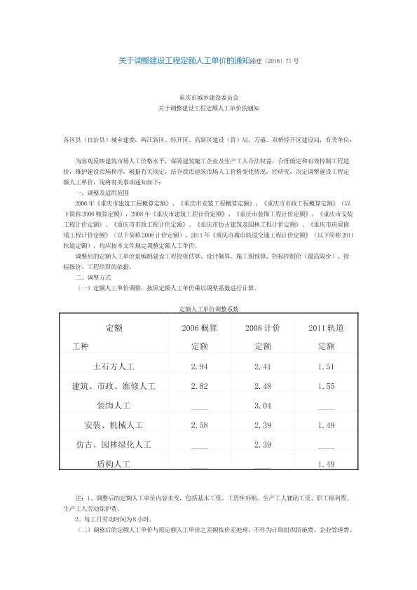重庆关于调整定额人工单价的通知渝建〔2016〕71号