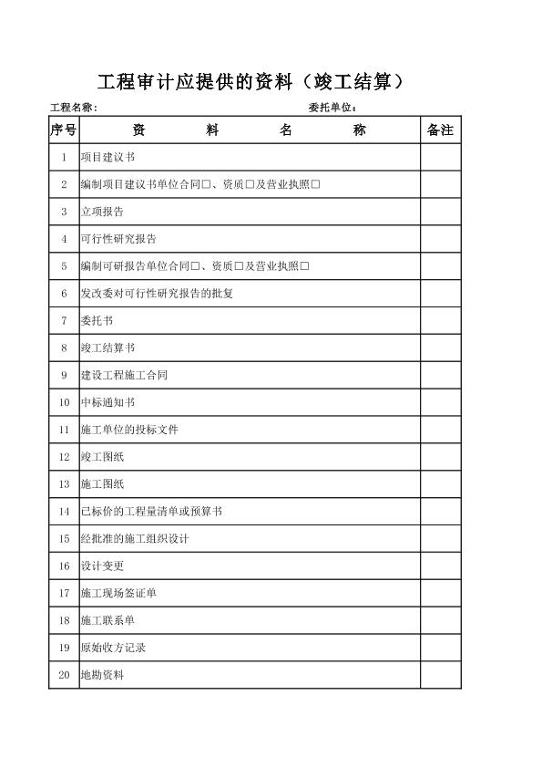 竣工结算价审计收集资料清单