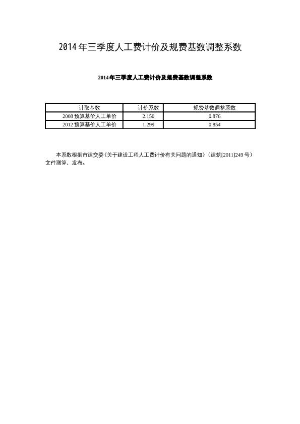 [天津]2014年三季度人工费计价及规费基数调整系数