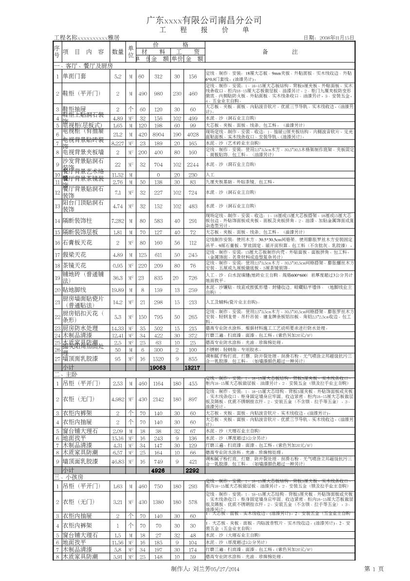 2010年某家装工程预算实例—工程报价单