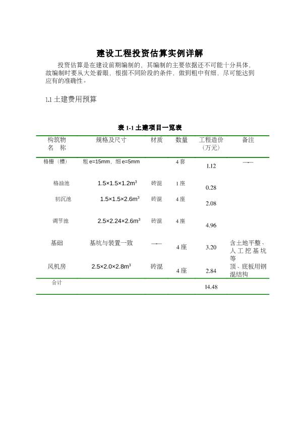 建设工程投资估算实例详解