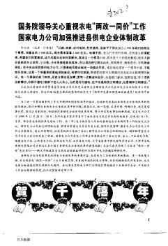 国务院领导关心重视农电&quot;两改一同价”工作国家电力公司加强推进县供电企业体制改革