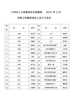 三明人力资源和社会保障局2019年2月特殊工种提前退休人