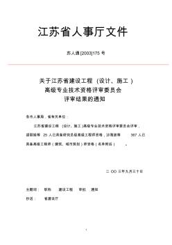 关于江苏省建设工程(设计、施工)高级专业技术资格评审委员会评审结果的通知(苏人通[2003]175号)