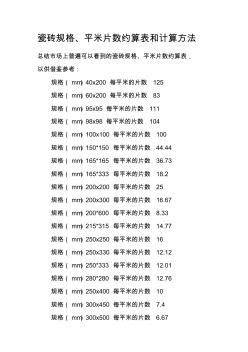 瓷砖规格及其计算方法