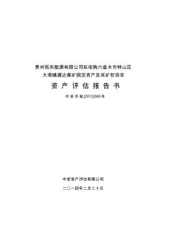 贵州拓实能源有限公司拟收购六盘水市钟山区大湾镇通达煤矿固定资产及采矿权项目资产评估报告书