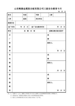 金属复合板有限公司三级安全教育卡片