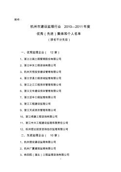 杭州市建设监理行业2010—2011年度先进集体和个人名单