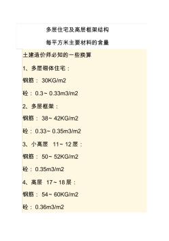 多層及高層住宅框架結(jié)構(gòu)每平方米主要材料的含量