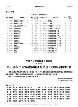 關(guān)于公布2007年度初始注冊造價工程師名單的公告