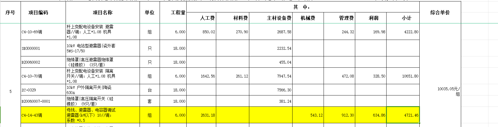  如何计算综合单价项目的各项费用乘以0.5后的总和，以及利润和管理费率的确定方法？